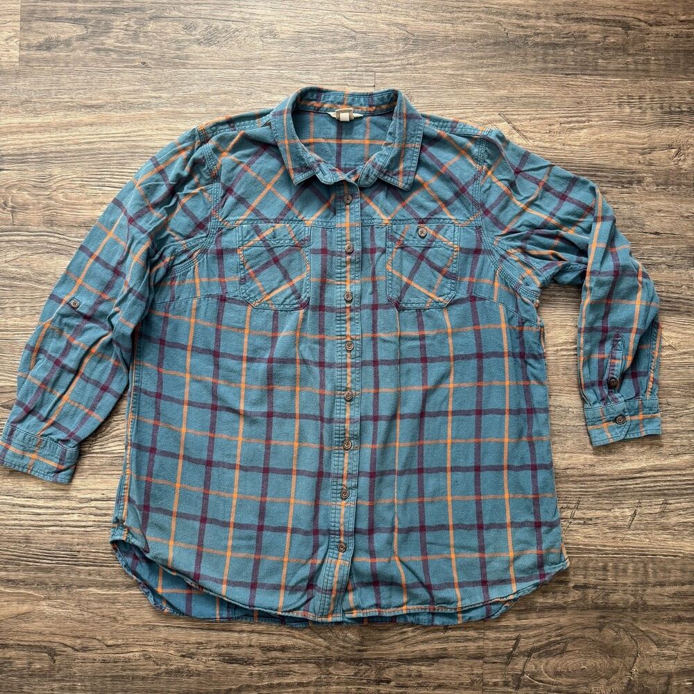 Duluth Trading Co Womens Free Swingin Flannel Tunic 2XL Teal Orange plaid Cotton